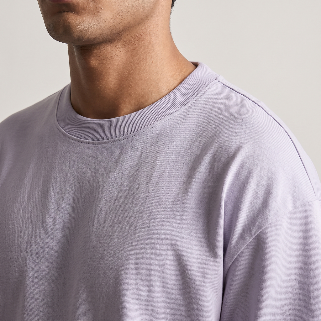 Lavender classic oversized t-shirt, collar and shoulder seam fabric detail
