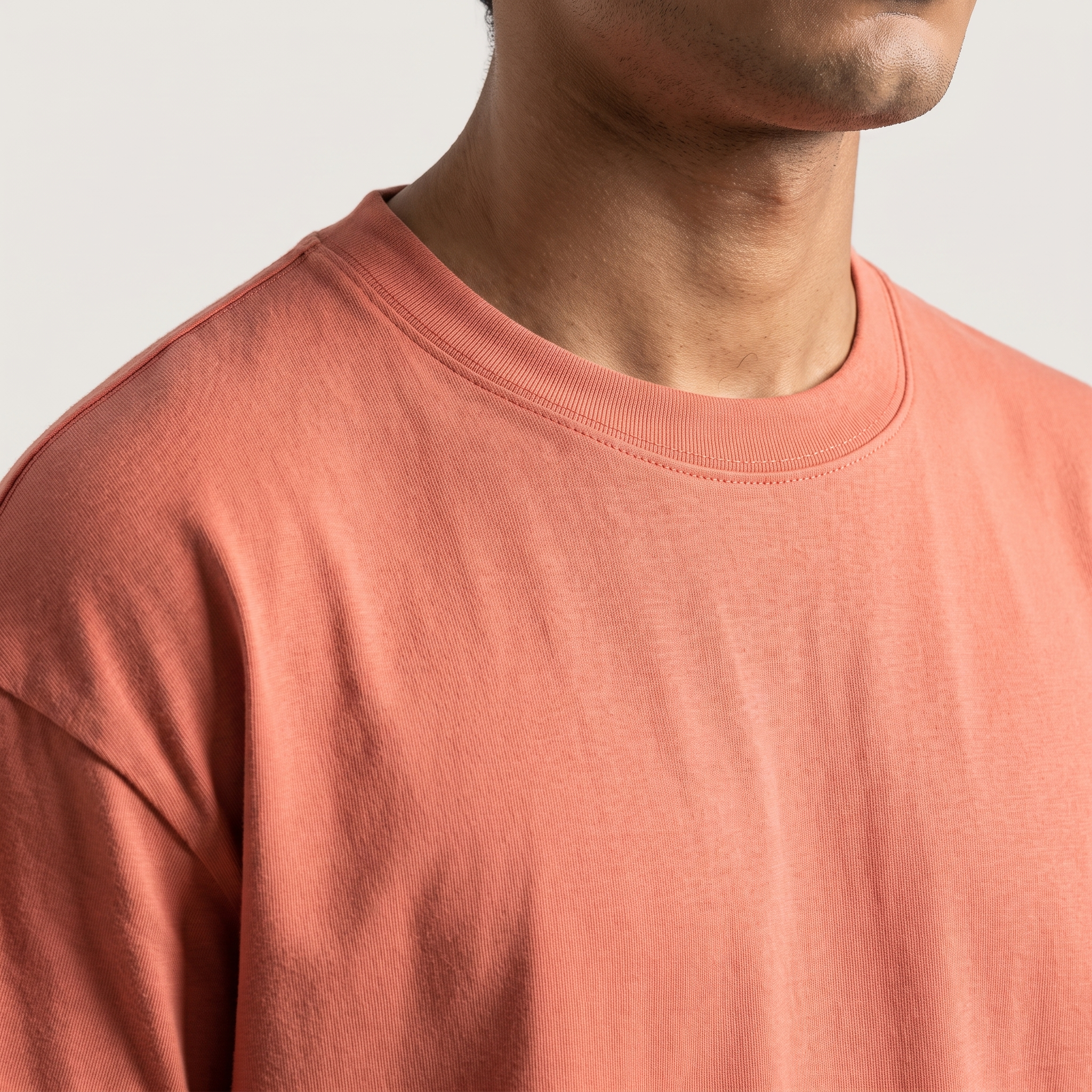 Coral classic oversized t-shirt, collar and shoulder seam fabric detail