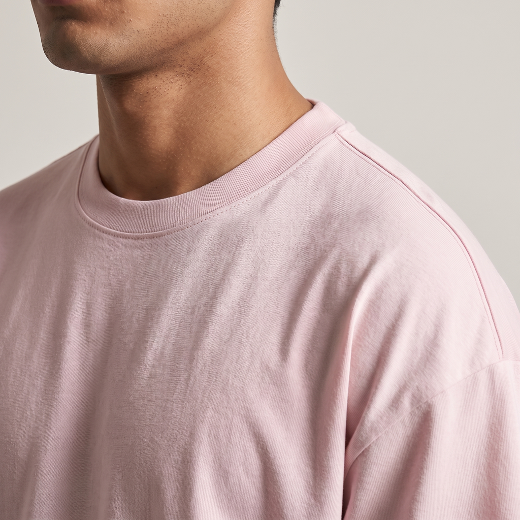Classic Baby Pink oversized t-shirt, collar and shoulder seam fabric detail