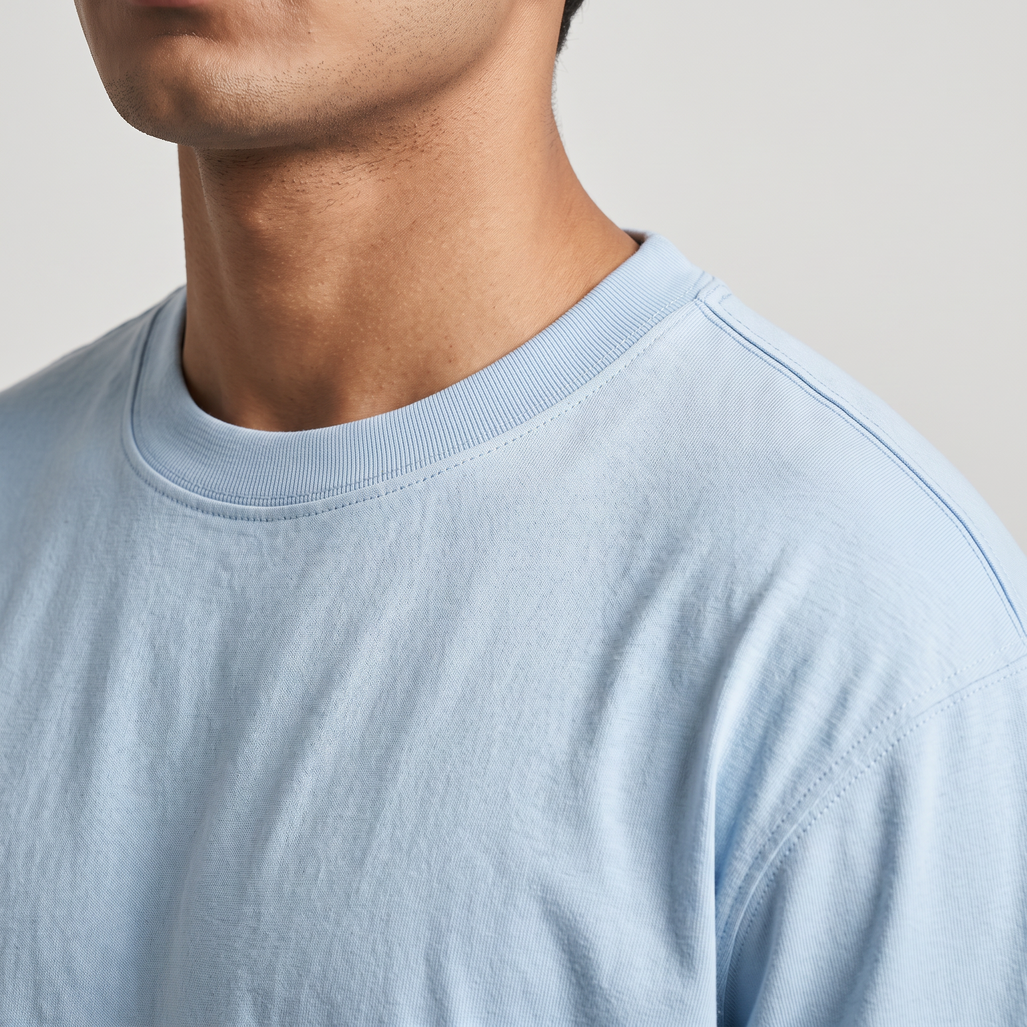 Powder Blue classic oversized t-shirt, collar and shoulder seam fabric detail