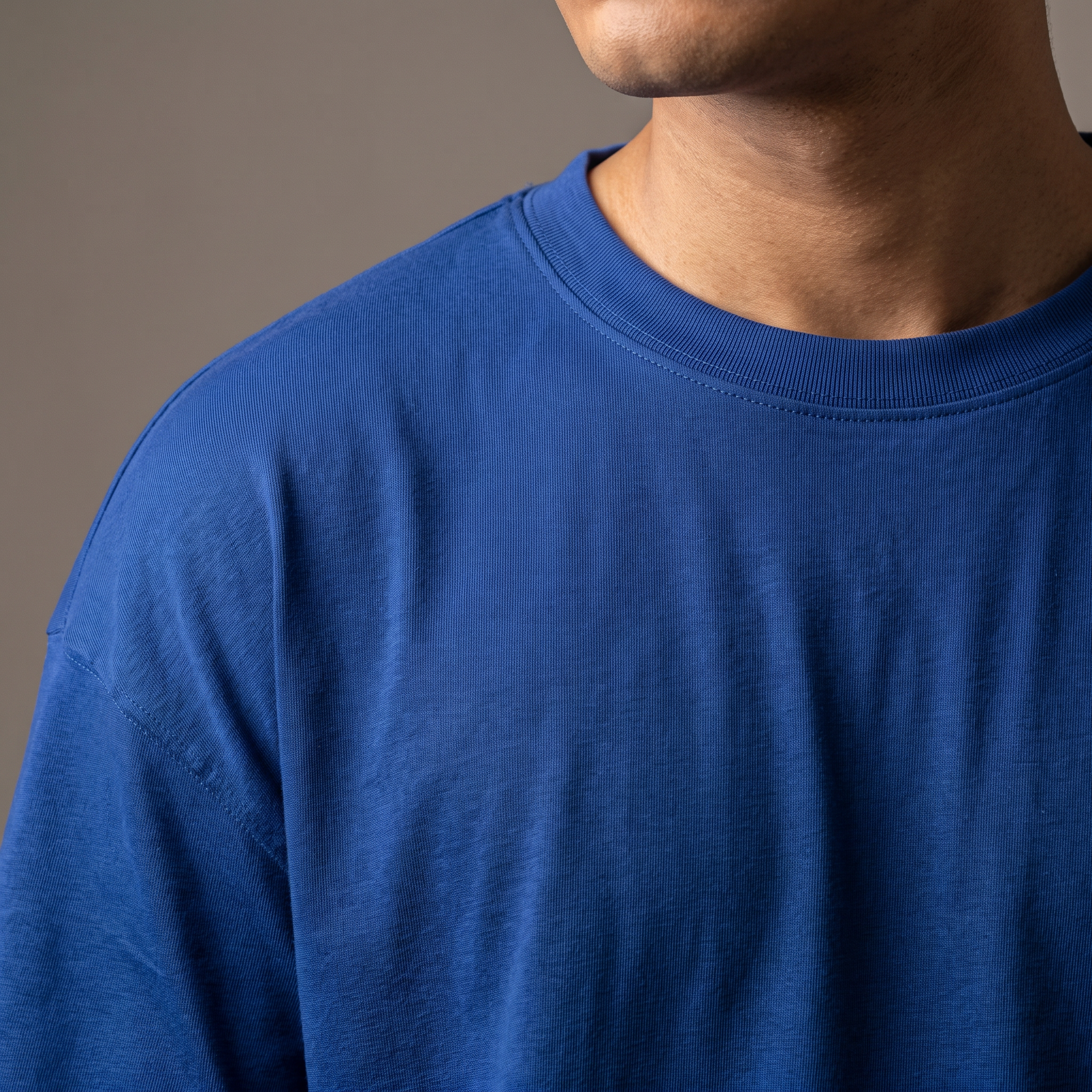 Royal Blue classic oversized t-shirt, collar and shoulder seam fabric detail