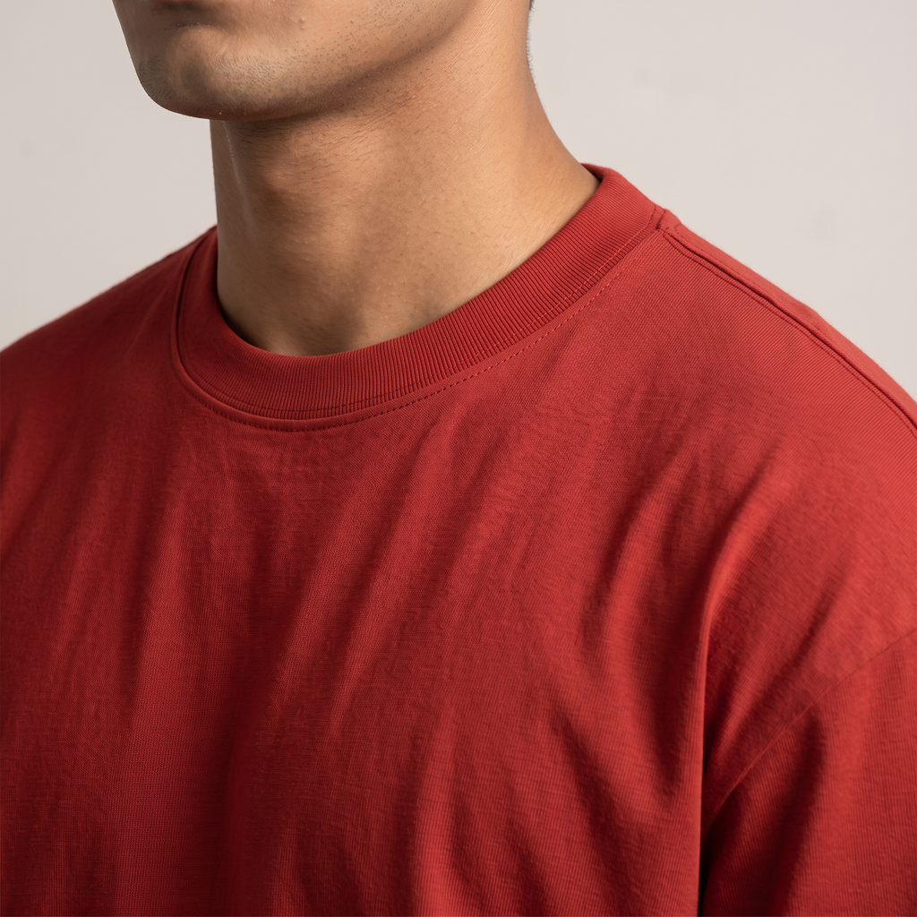 Classic Red oversized t-shirt, collar and shoulder seam fabric detail