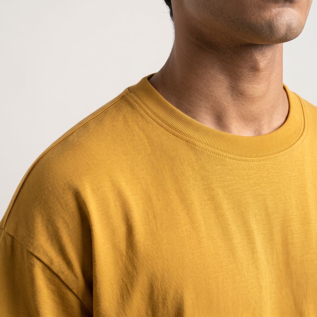 Mustard classic oversized t-shirt, collar and shoulder seam fabric detail