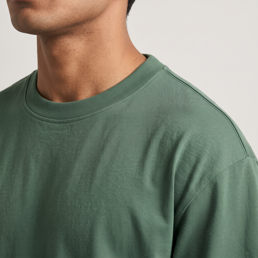 Green classic oversized t-shirt, collar and shoulder seam fabric detail