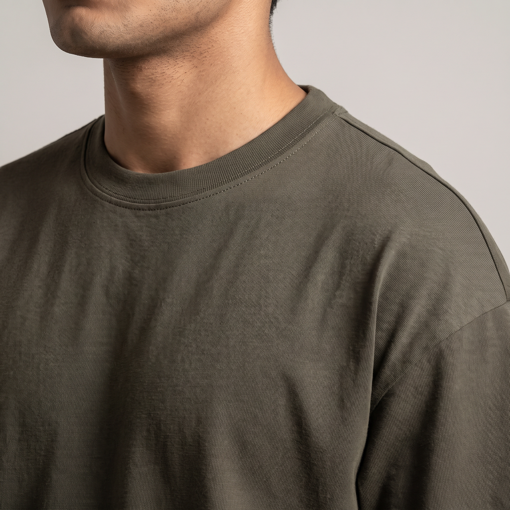 Olive classic oversized t-shirt, collar and shoulder seam fabric detail