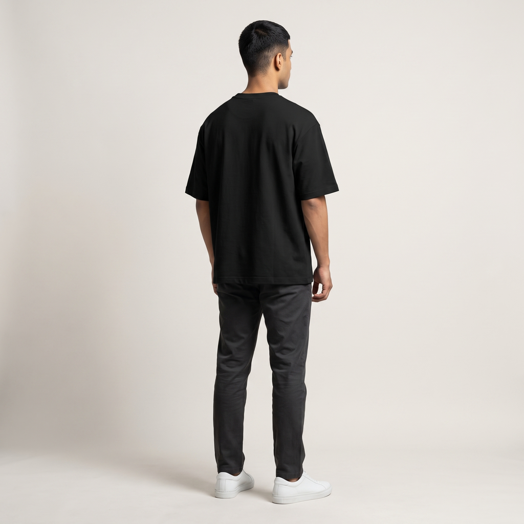 Model wearing Hustle Dark oversized t-shirt, back view