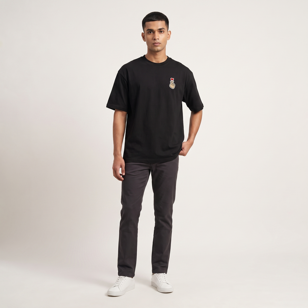 Model wearing K-Love oversized t-shirt, front view showing chest print