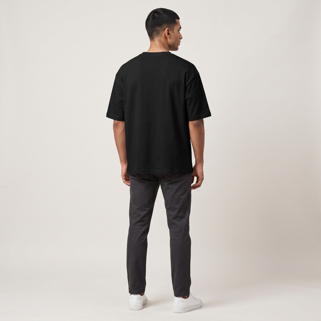 Model wearing K-Love oversized t-shirt, back view