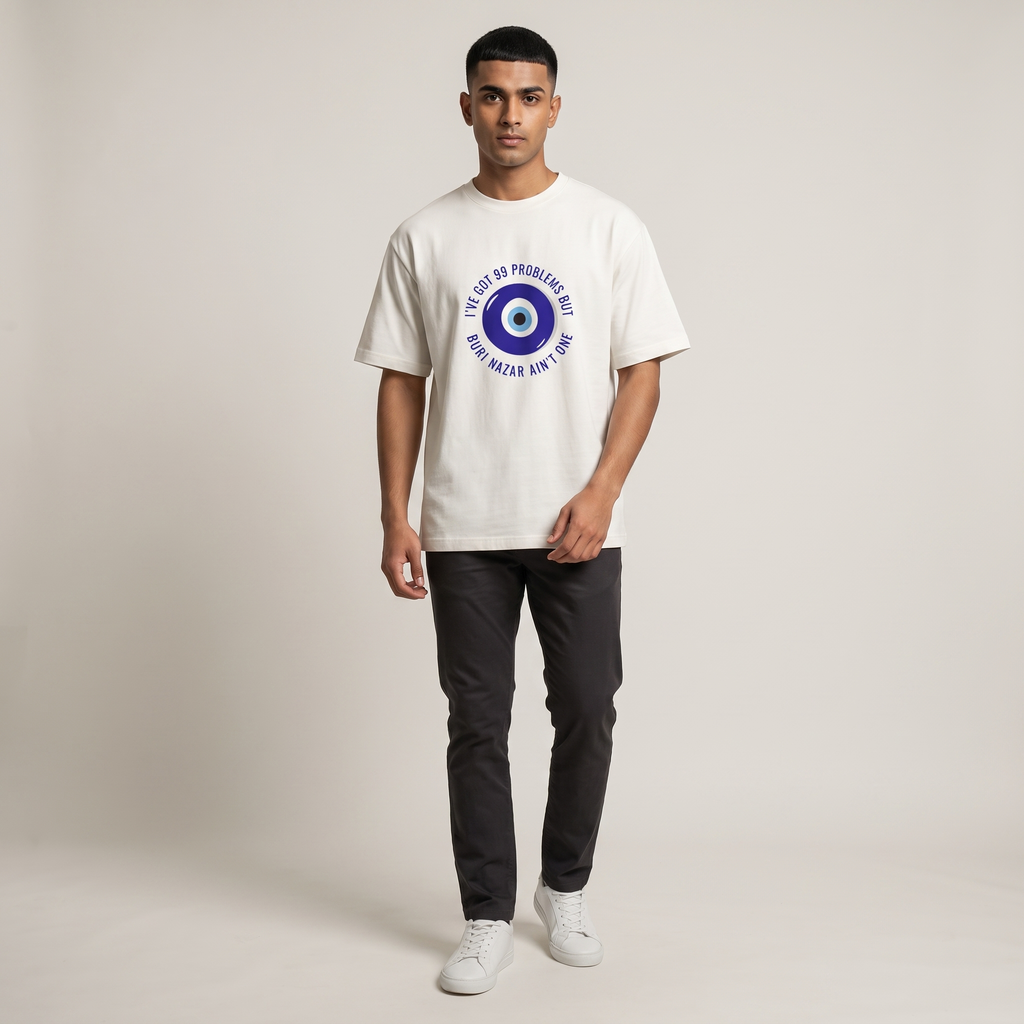 Model wearing No Buri Nazar oversized t-shirt, front view showing chest print