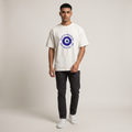 Model wearing No Buri Nazar oversized t-shirt, front view showing chest print