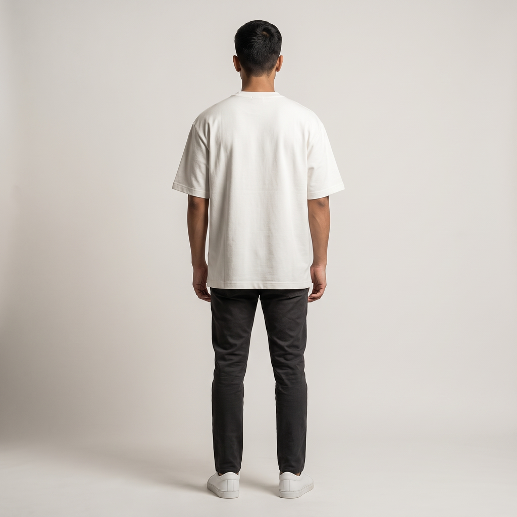Model wearing No Buri Nazar oversized t-shirt, back view