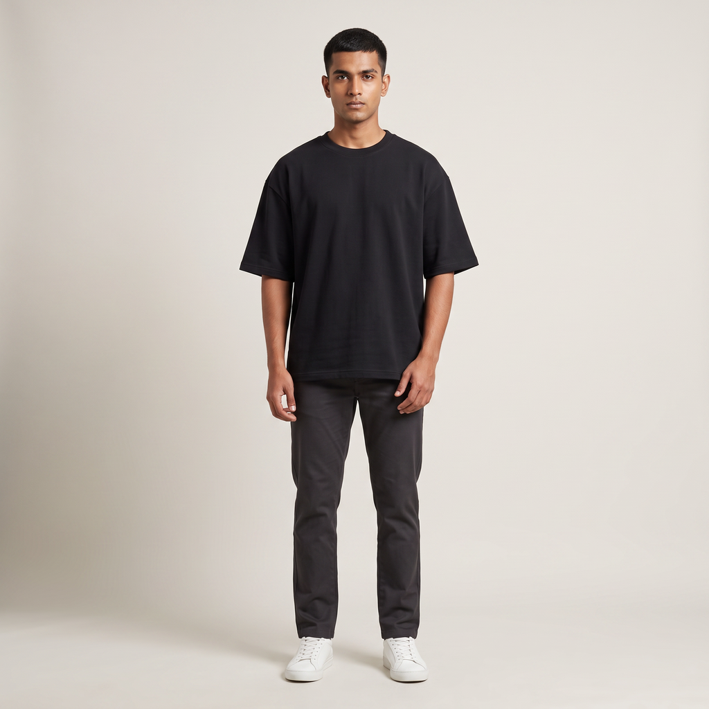 Model wearing Universal Welcome oversized t-shirt, front view