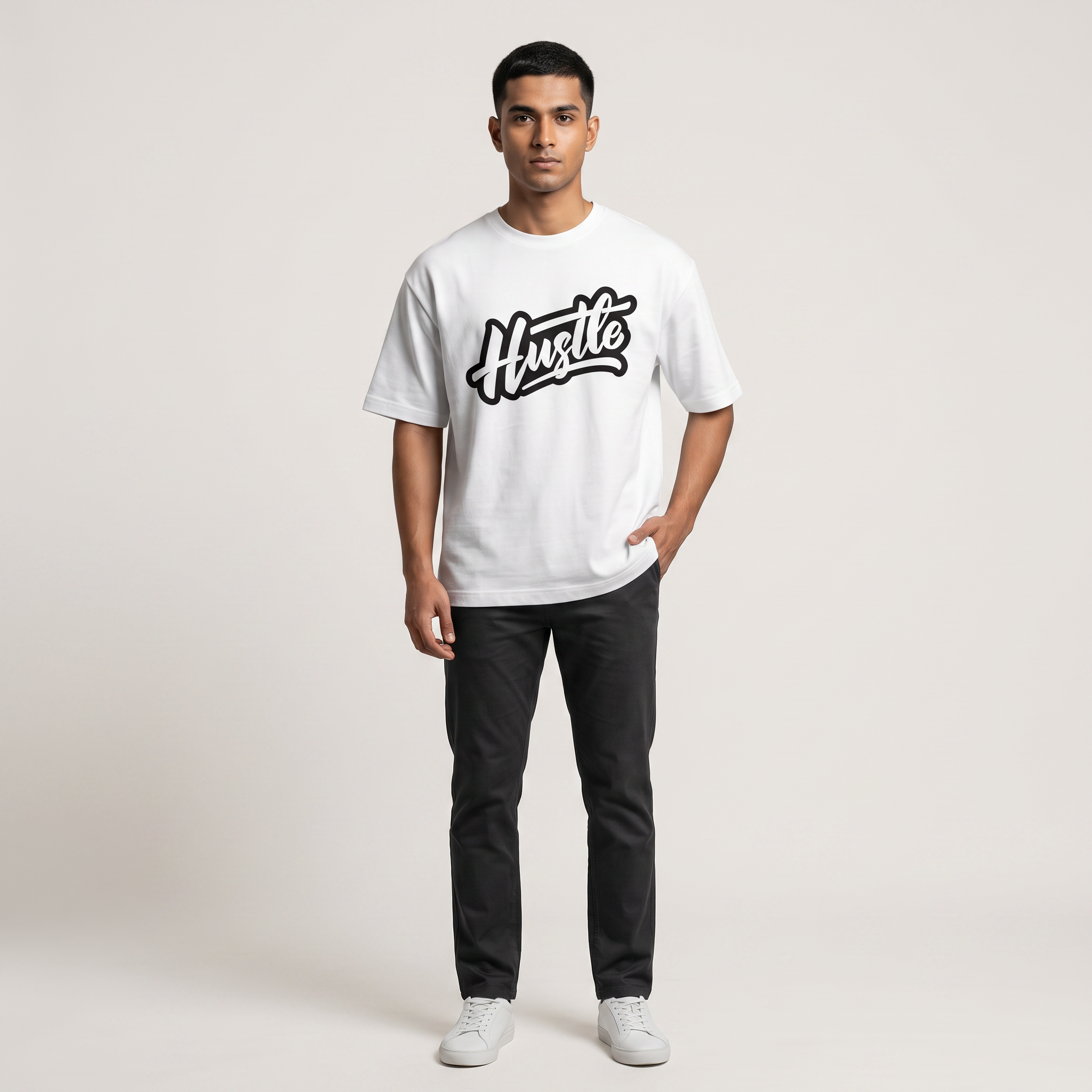 Model wearing Hustle Light oversized t-shirt in white, front view showing chest print