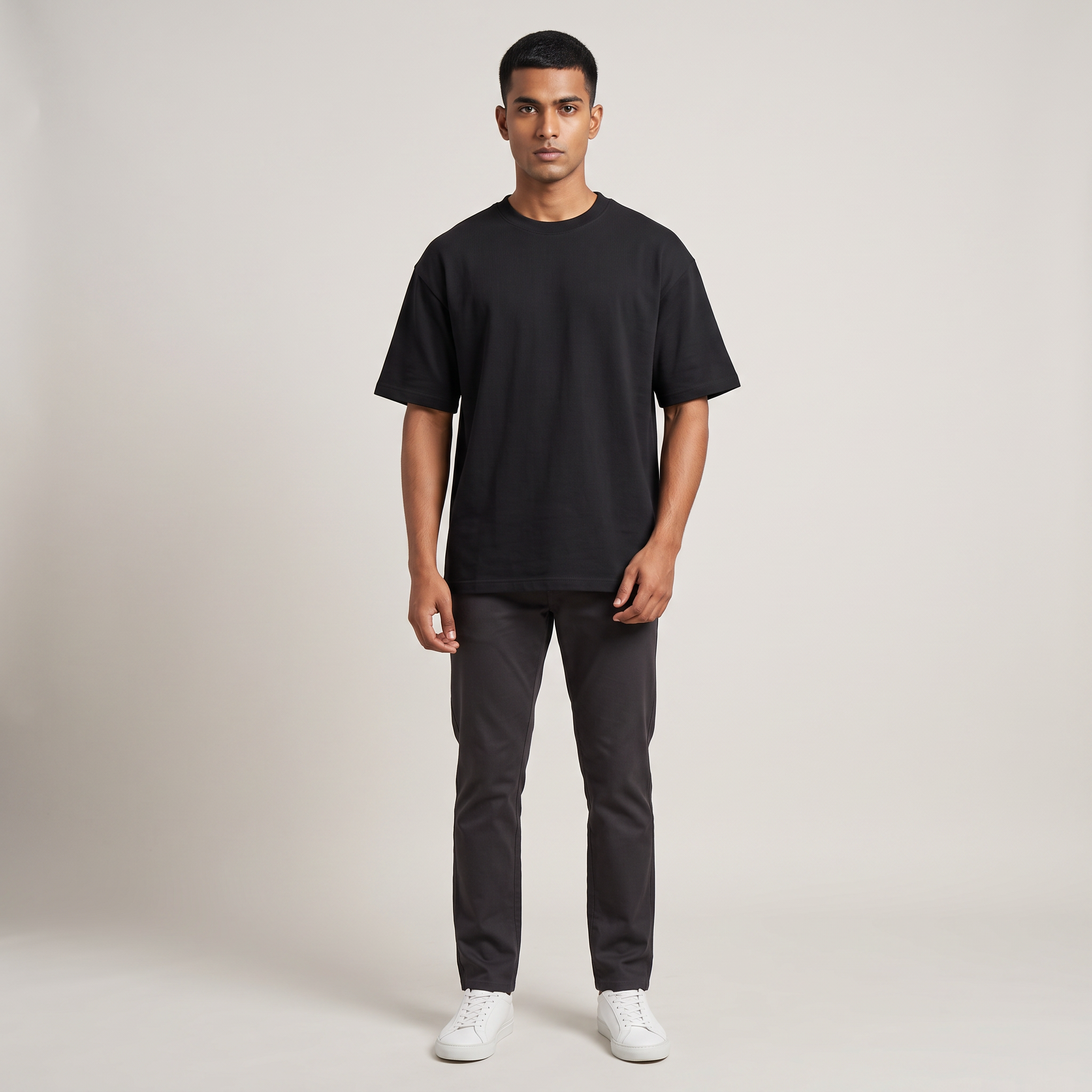 Model wearing Main Character oversized t-shirt, front view