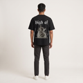 Model wearing High AF Dark oversized t-shirt, back view showing back print