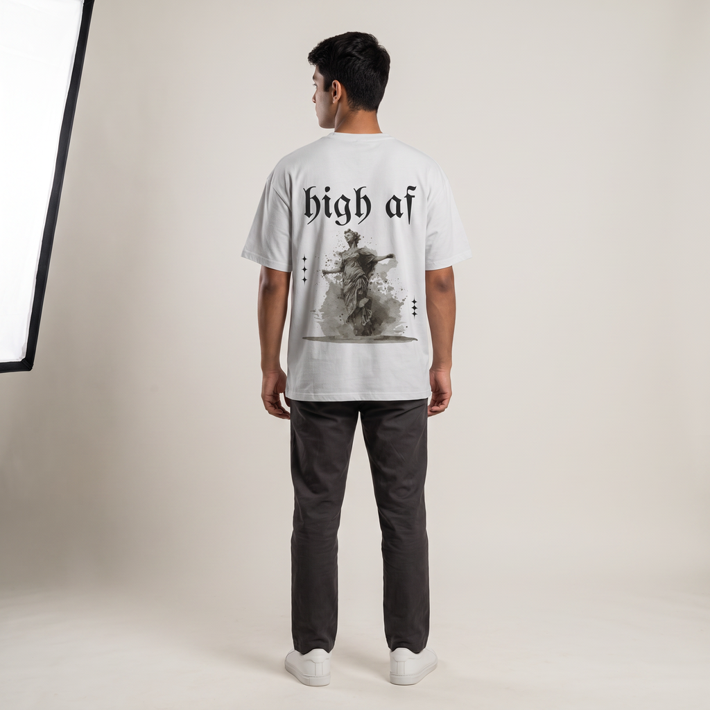 Model wearing High AF Light oversized t-shirt, back view showing back print