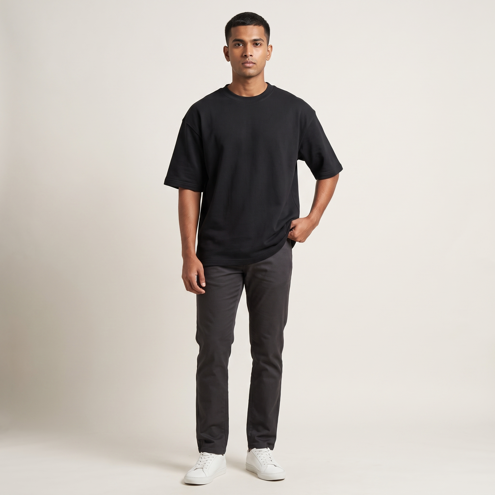 Model wearing Overworking oversized t-shirt, front view