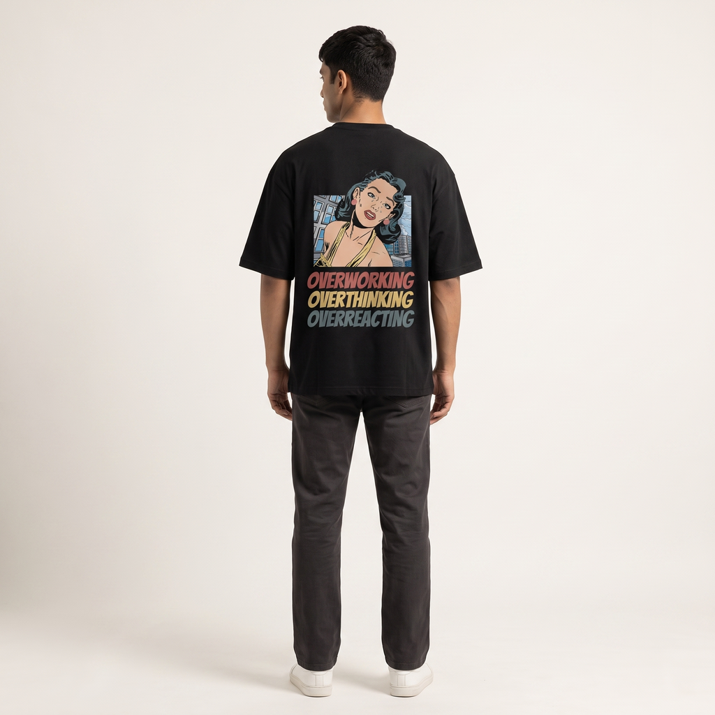 Model wearing Overworking oversized t-shirt, back view showing back print