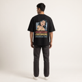 Model wearing Overworking oversized t-shirt, back view showing back print