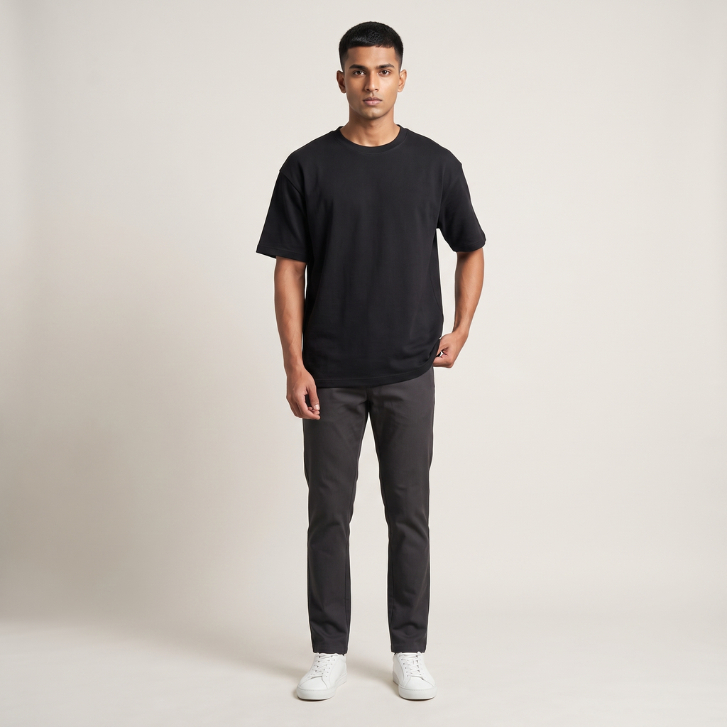 Model wearing Foresight oversized t-shirt, front view