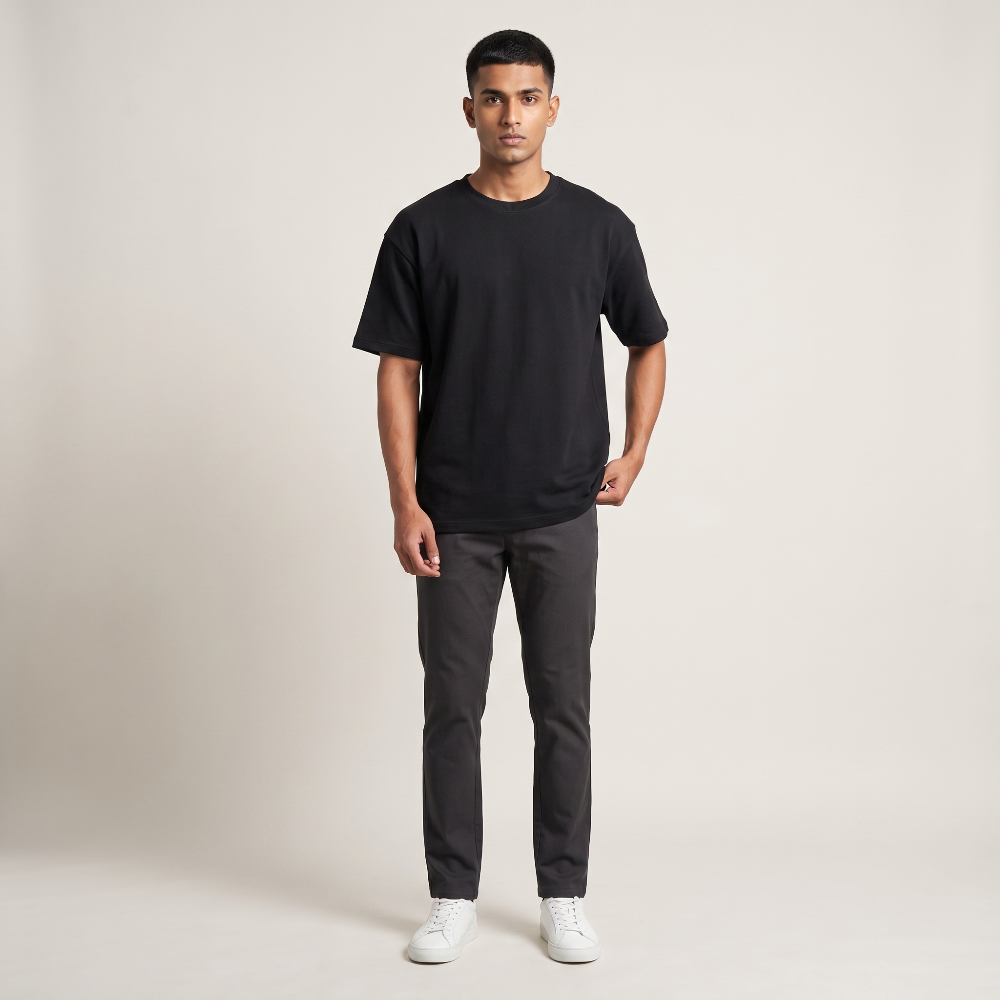 Model wearing Foresight oversized t-shirt, front view