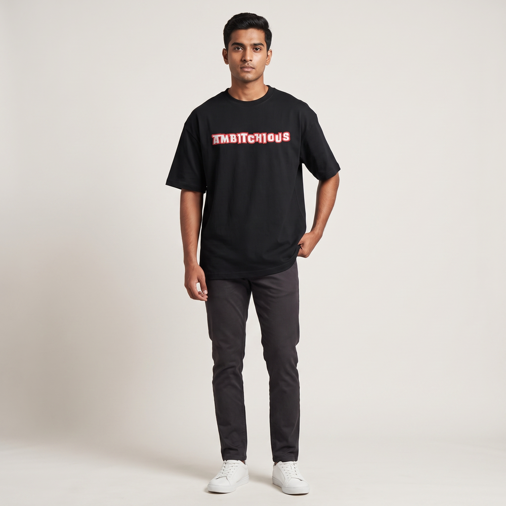 Model wearing Ambitchious oversized t-shirt, front view showing chest print