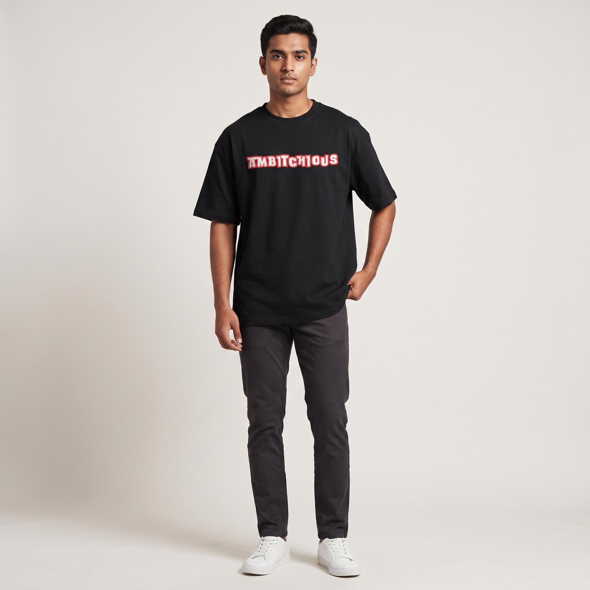 Model wearing Ambitchious oversized t-shirt, front view showing chest print