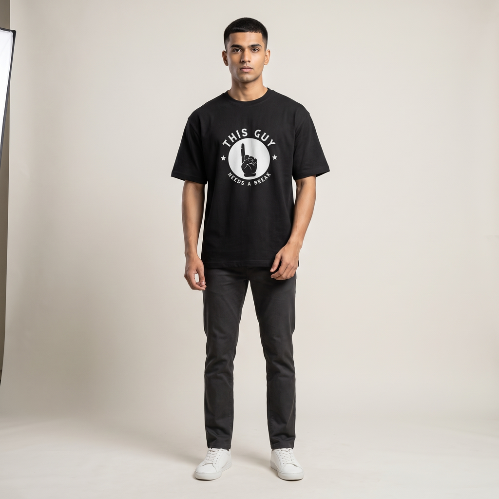 Model wearing Need a Break oversized t-shirt, front view showing chest print