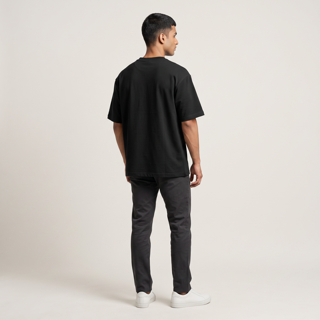 Model wearing Need a Break oversized t-shirt, back view