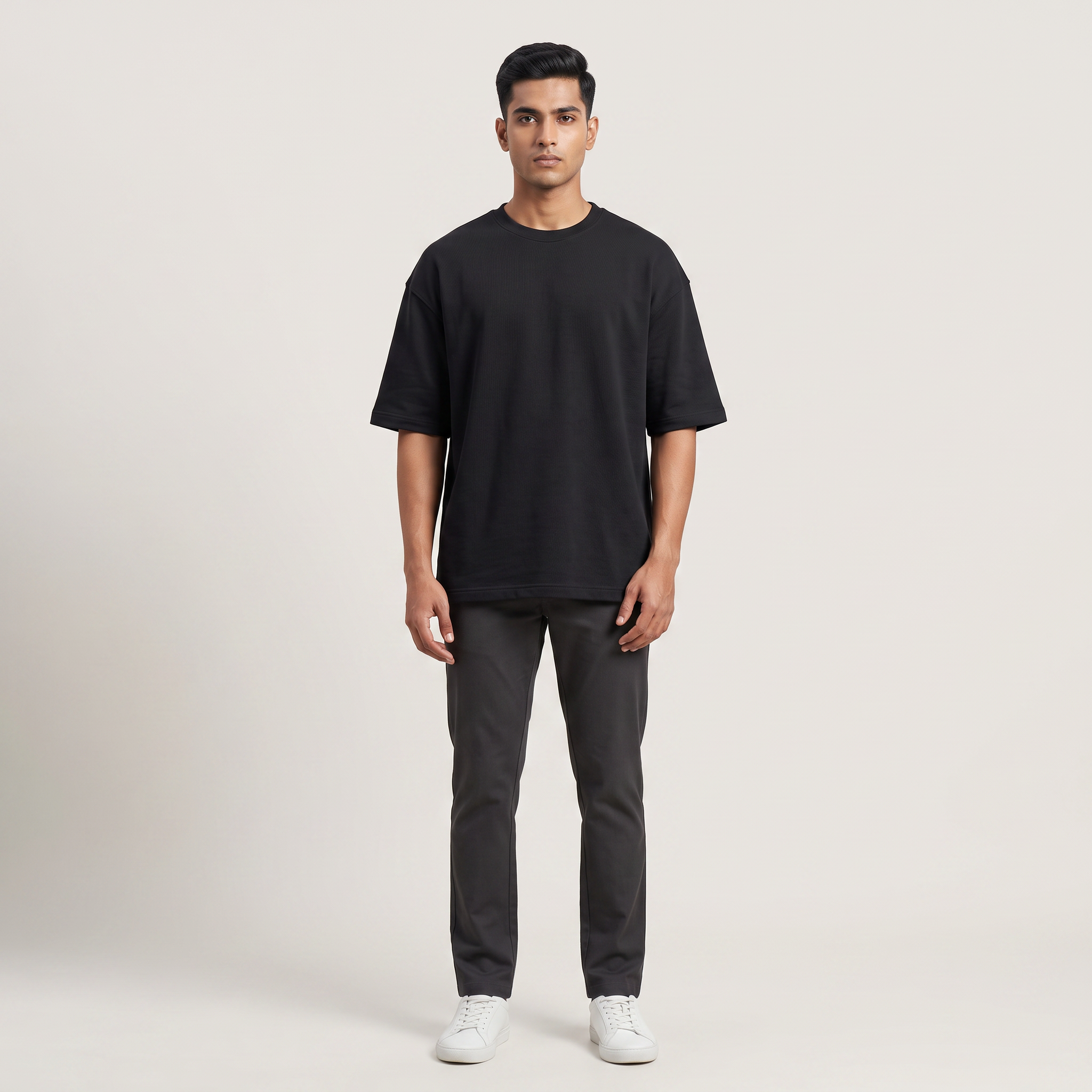 Model wearing Get Baked oversized t-shirt, front view