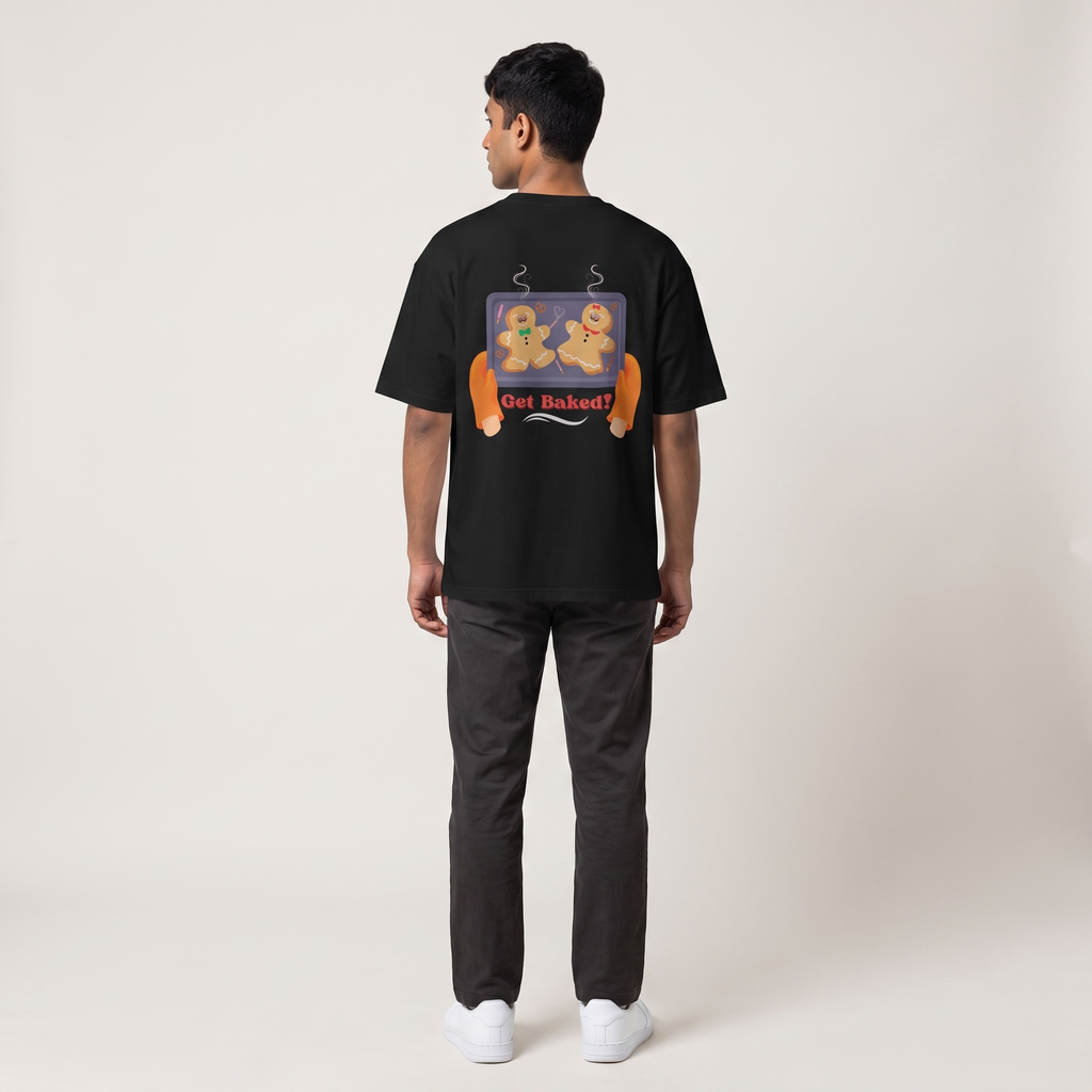 Model wearing Get Baked oversized t-shirt, back view showing back print