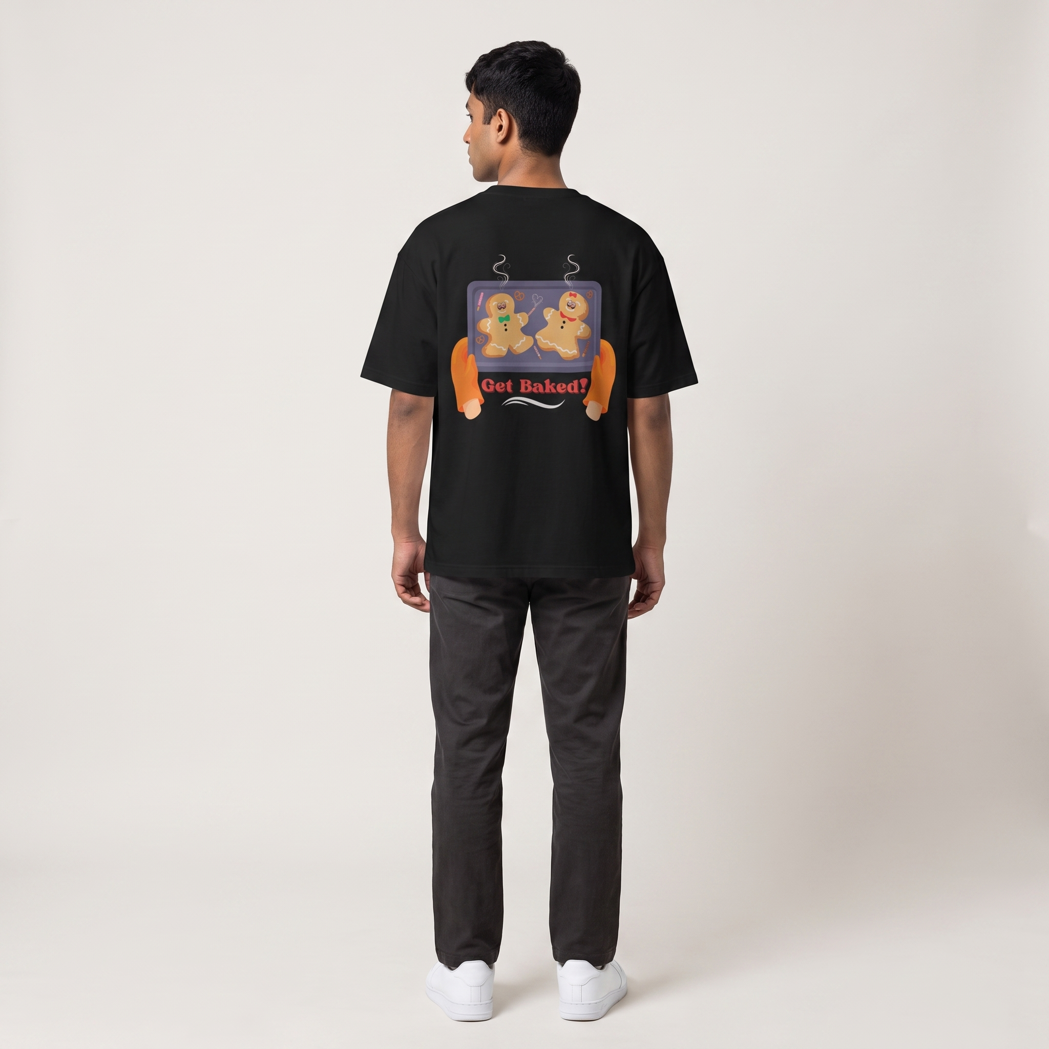 Model wearing Get Baked oversized t-shirt, back view showing back print