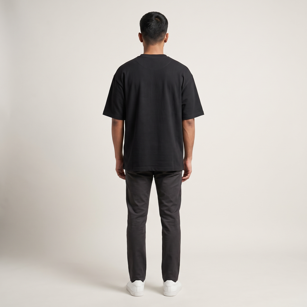 Model wearing Distracted by Coffee Dark oversized t-shirt, back view