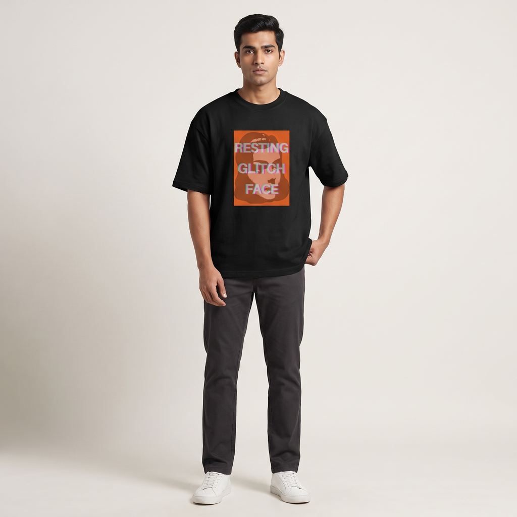 Model wearing Resting Glitch Face oversized t-shirt, front view showing chest print