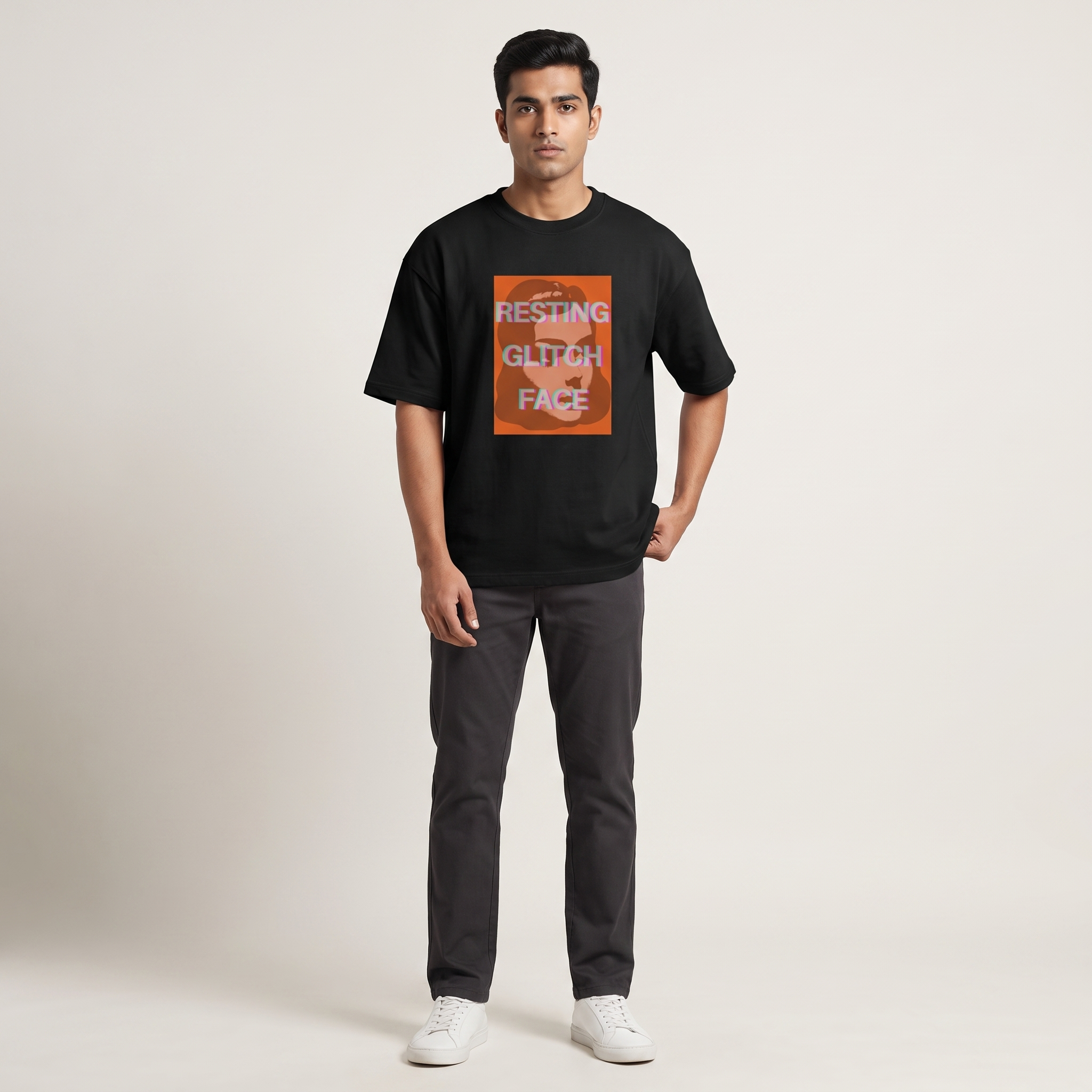 Model wearing Resting Glitch Face oversized t-shirt, front view showing chest print