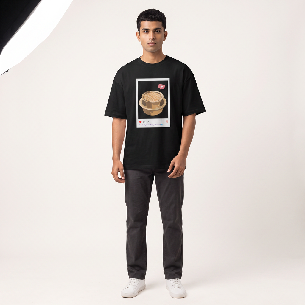 Model wearing Filter Coffee Enthusiast oversized t-shirt, front view showing chest print