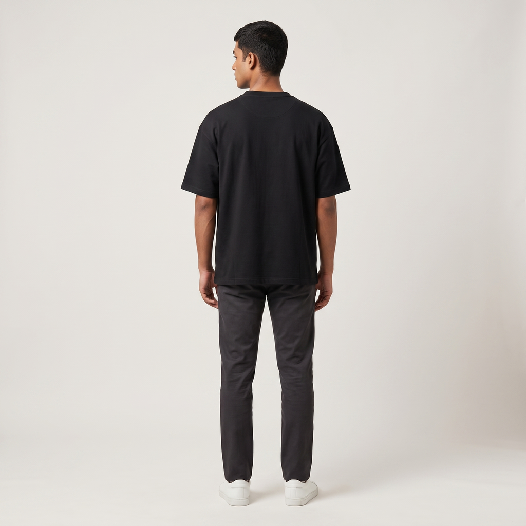 Model wearing Filter Coffee Enthusiast oversized t-shirt, back view