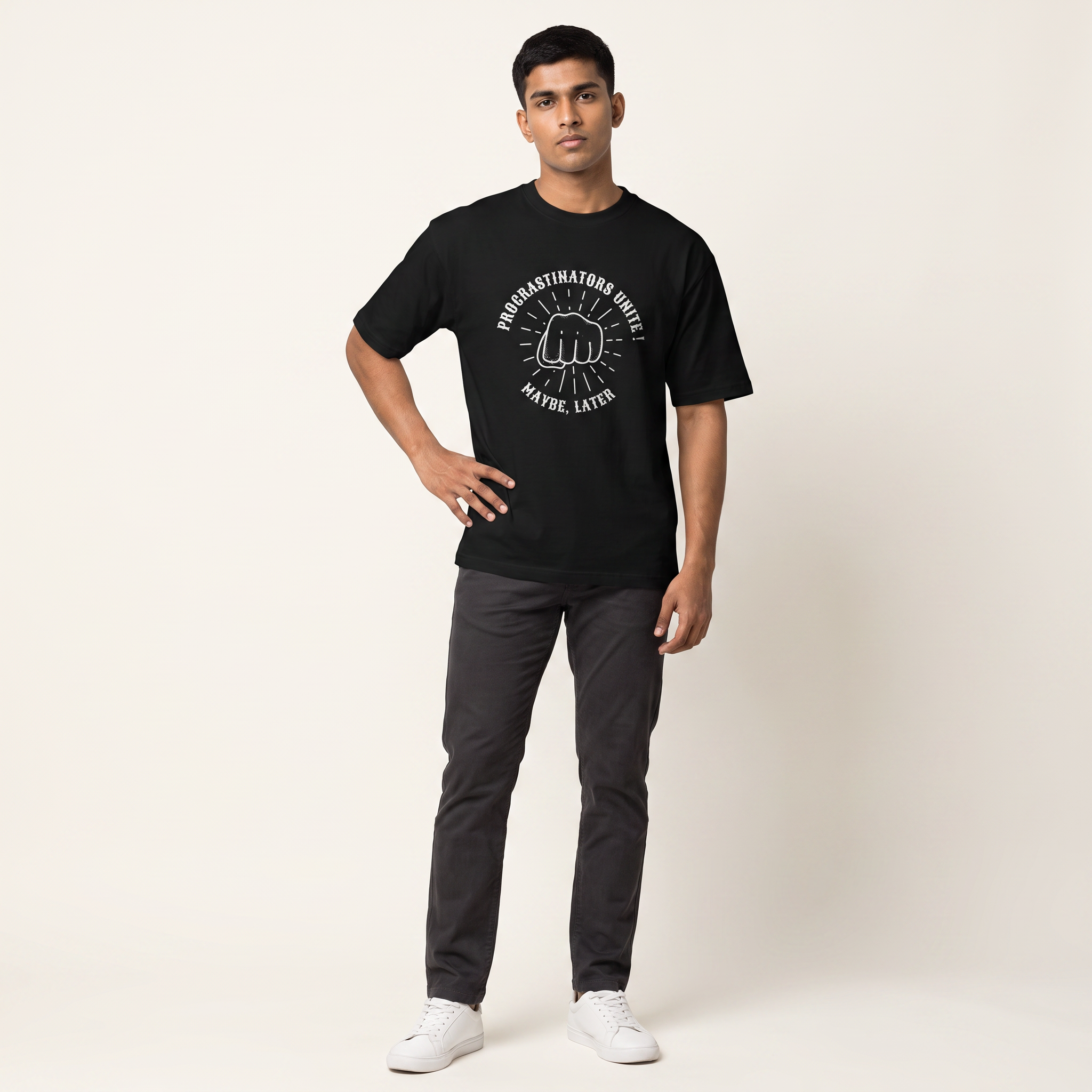Model wearing Procrastinators Unite oversized t-shirt, front view showing chest print