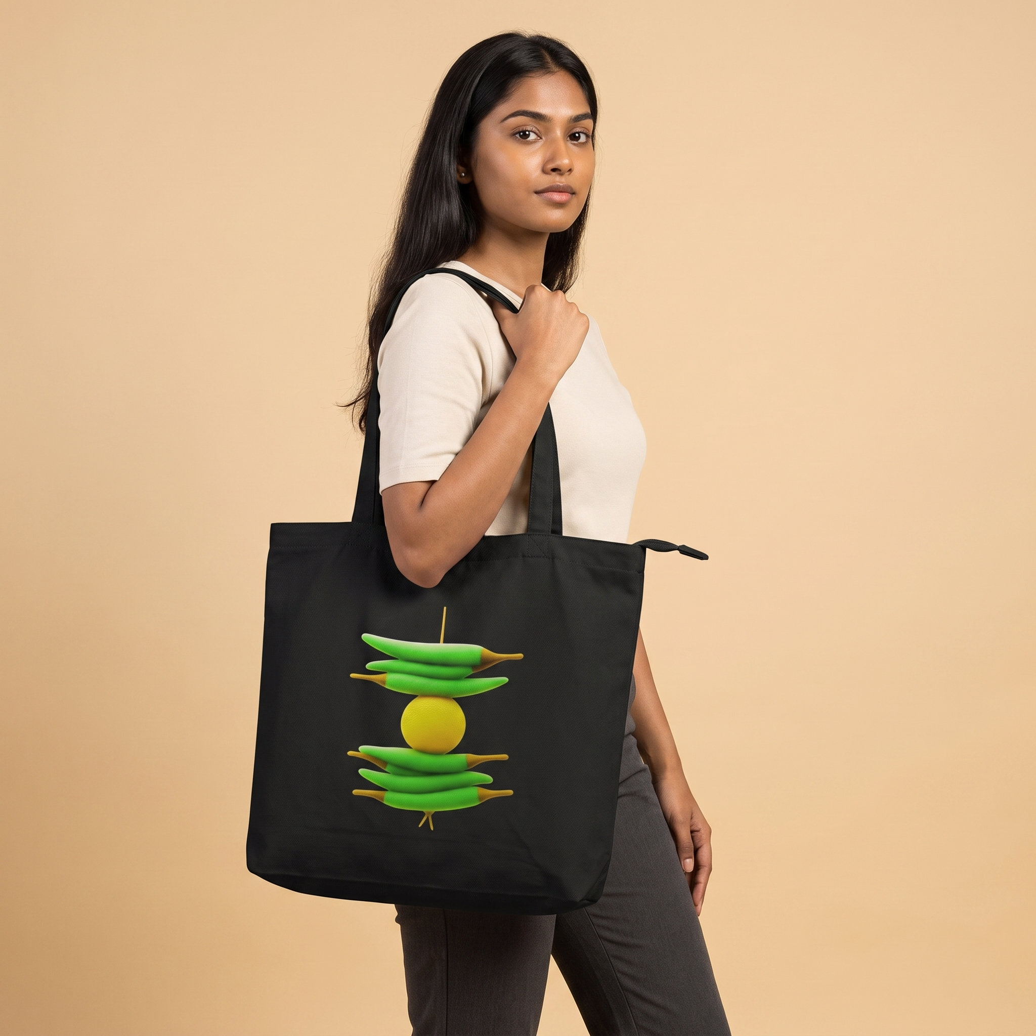 Model carrying Lemon Chilli zippered large tote bag in black canvas, nimbu-mirchi print visible