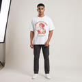 Model wearing Closed for Conversations oversized t-shirt, front view showing chest print