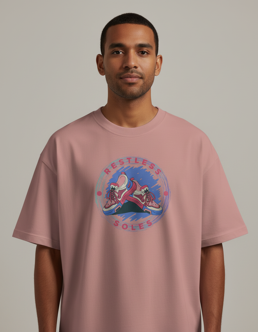 Restless Soles - Flamingo - Chapter26 premium oversized graphic t-shirt, worn by a male model