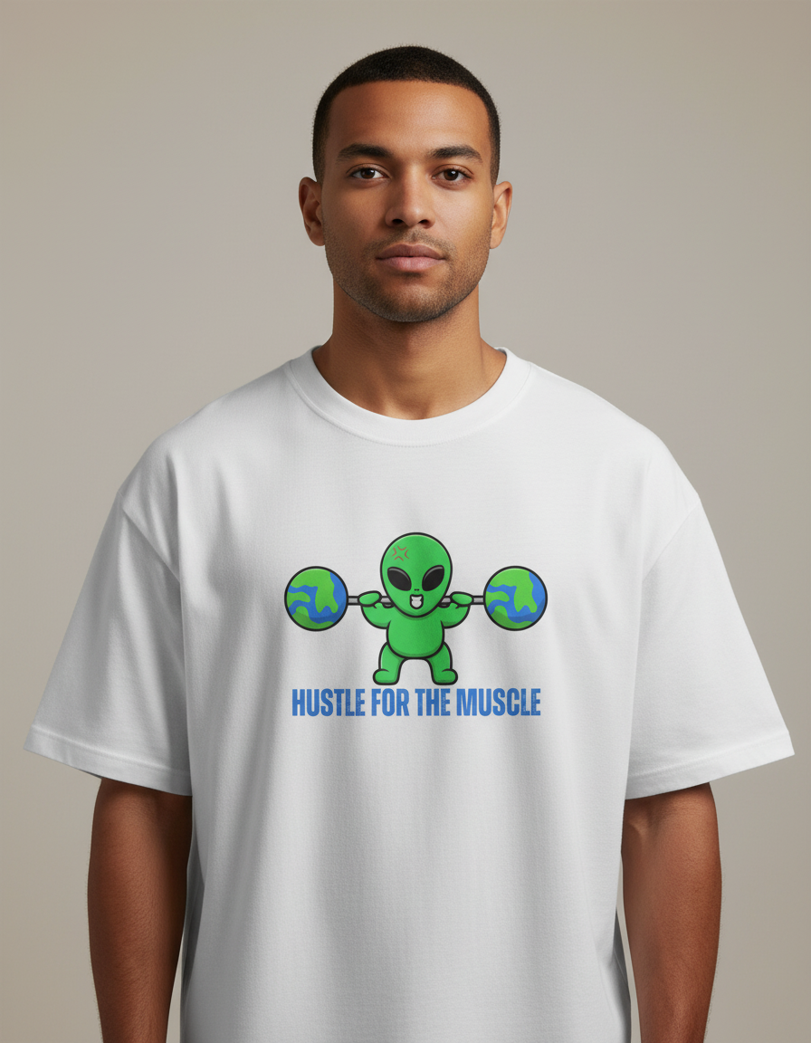 Hustle for the Muscle - White - Chapter26 premium oversized graphic t-shirt, worn by a male model