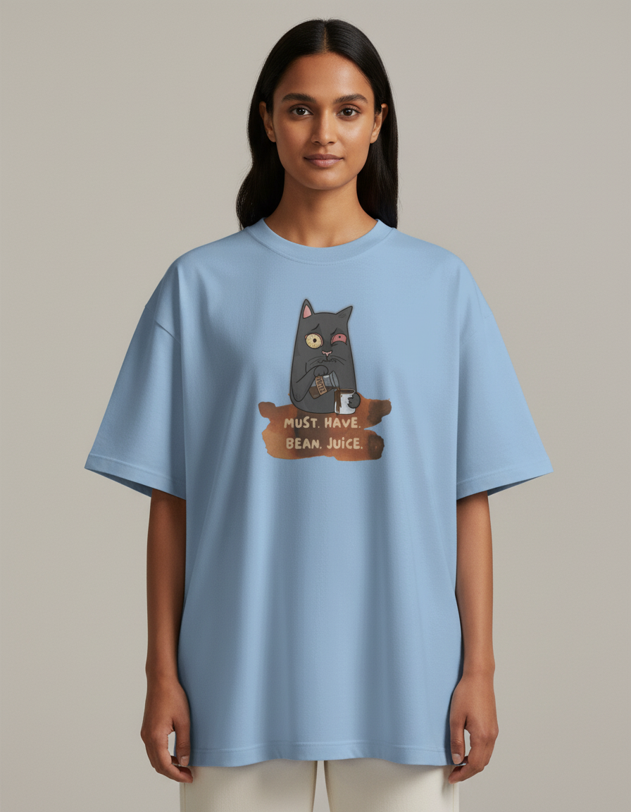 MUST. HAVE. BEAN. JUICE. - Baby Blue - Chapter26 premium oversized graphic t-shirt, worn by a female model
