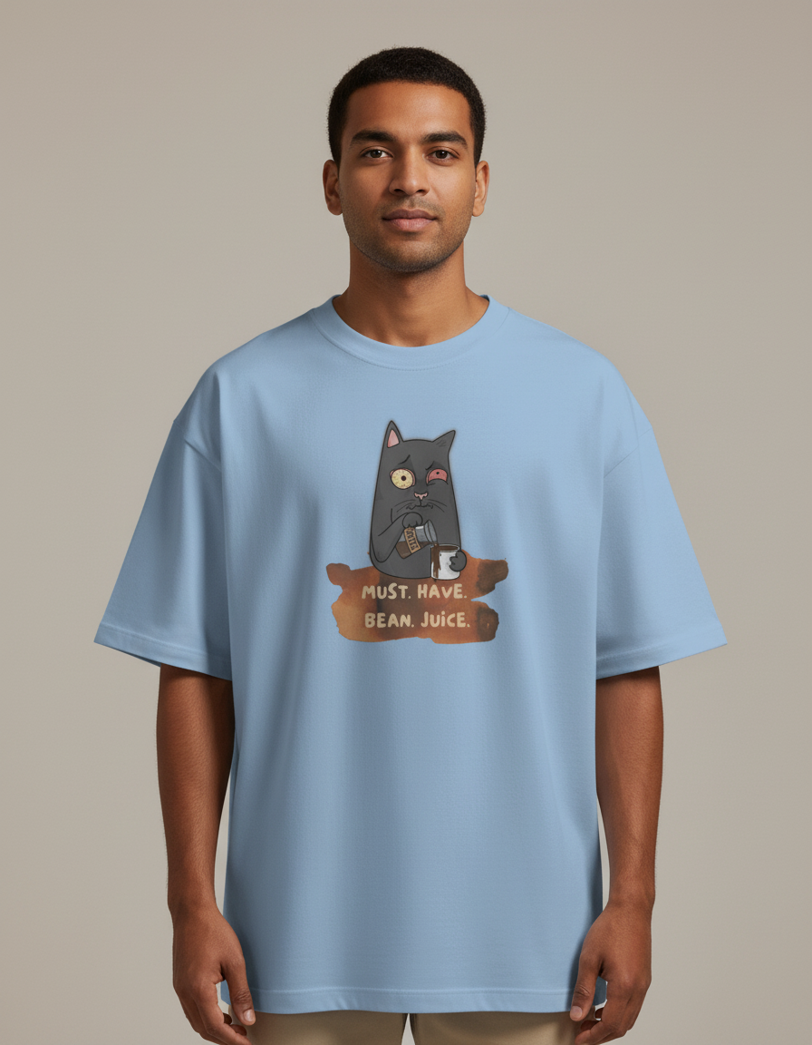 MUST. HAVE. BEAN. JUICE. - Baby Blue - Chapter26 premium oversized graphic t-shirt, worn by a male model