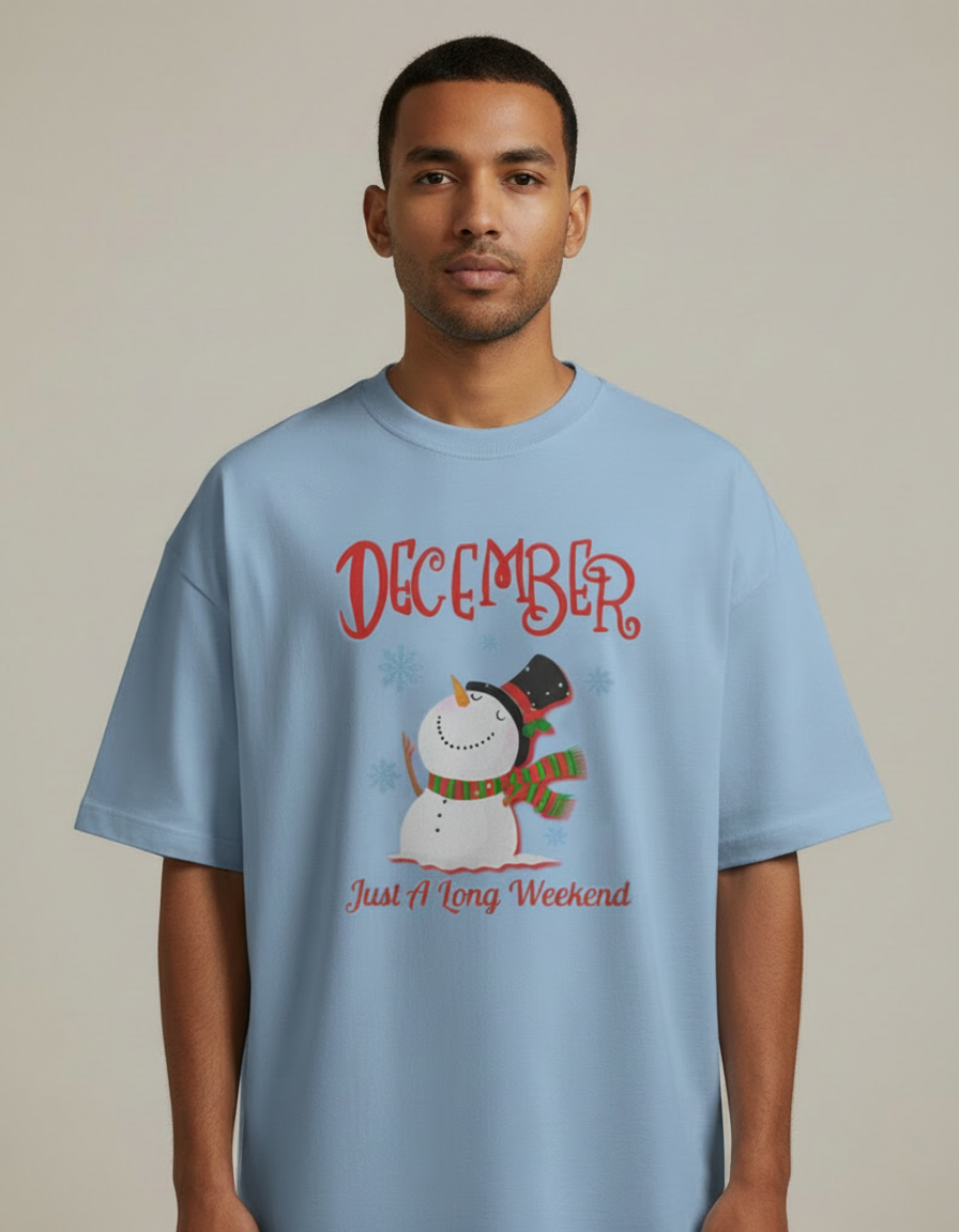 December - A Long Weekend - Baby Blue - Chapter26 premium oversized graphic t-shirt, worn by a male model