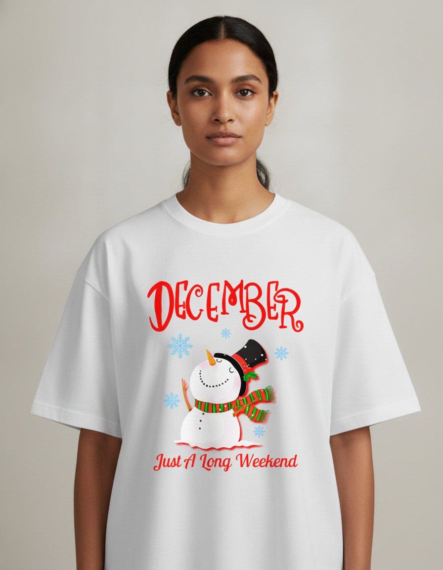 December - A Long Weekend - White - Chapter26 premium oversized graphic t-shirt, worn by a female model
