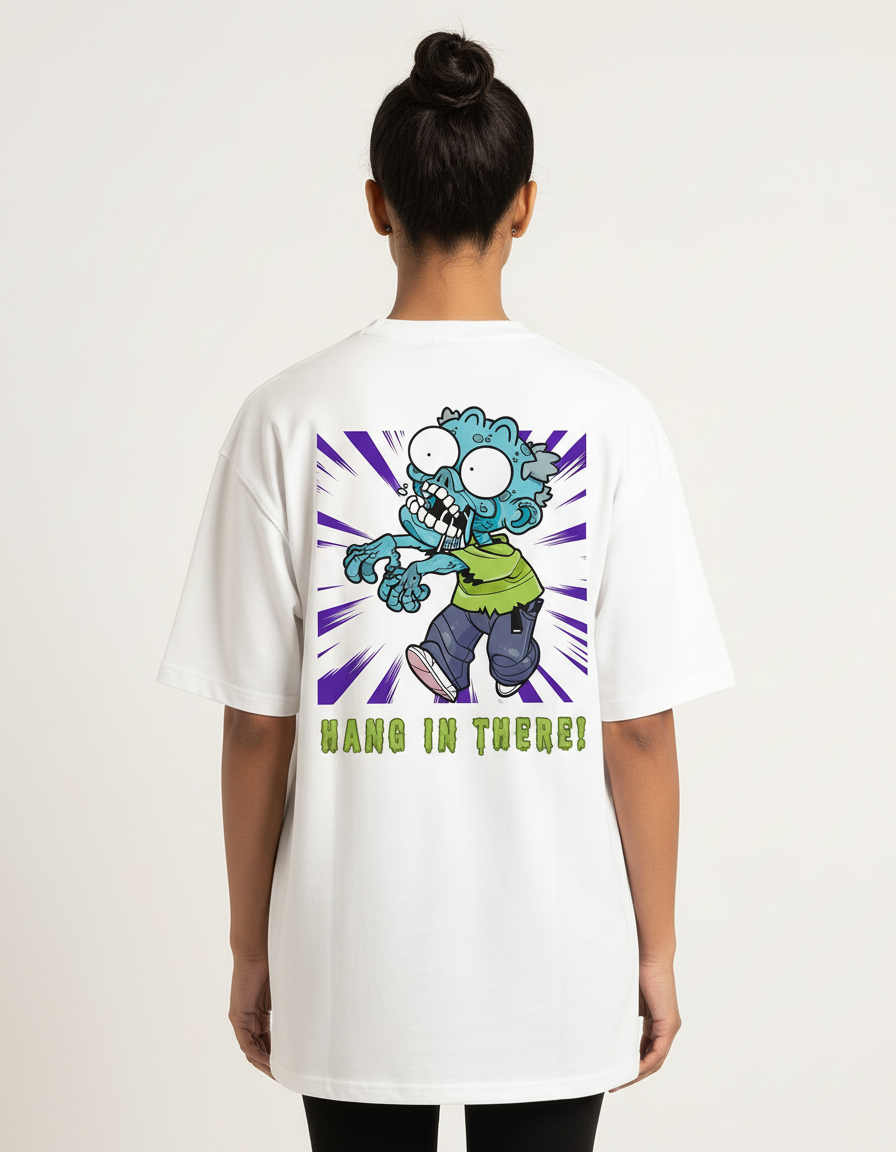 Hang In There - White - Chapter26 premium oversized graphic t-shirt, back print, worn by a female model