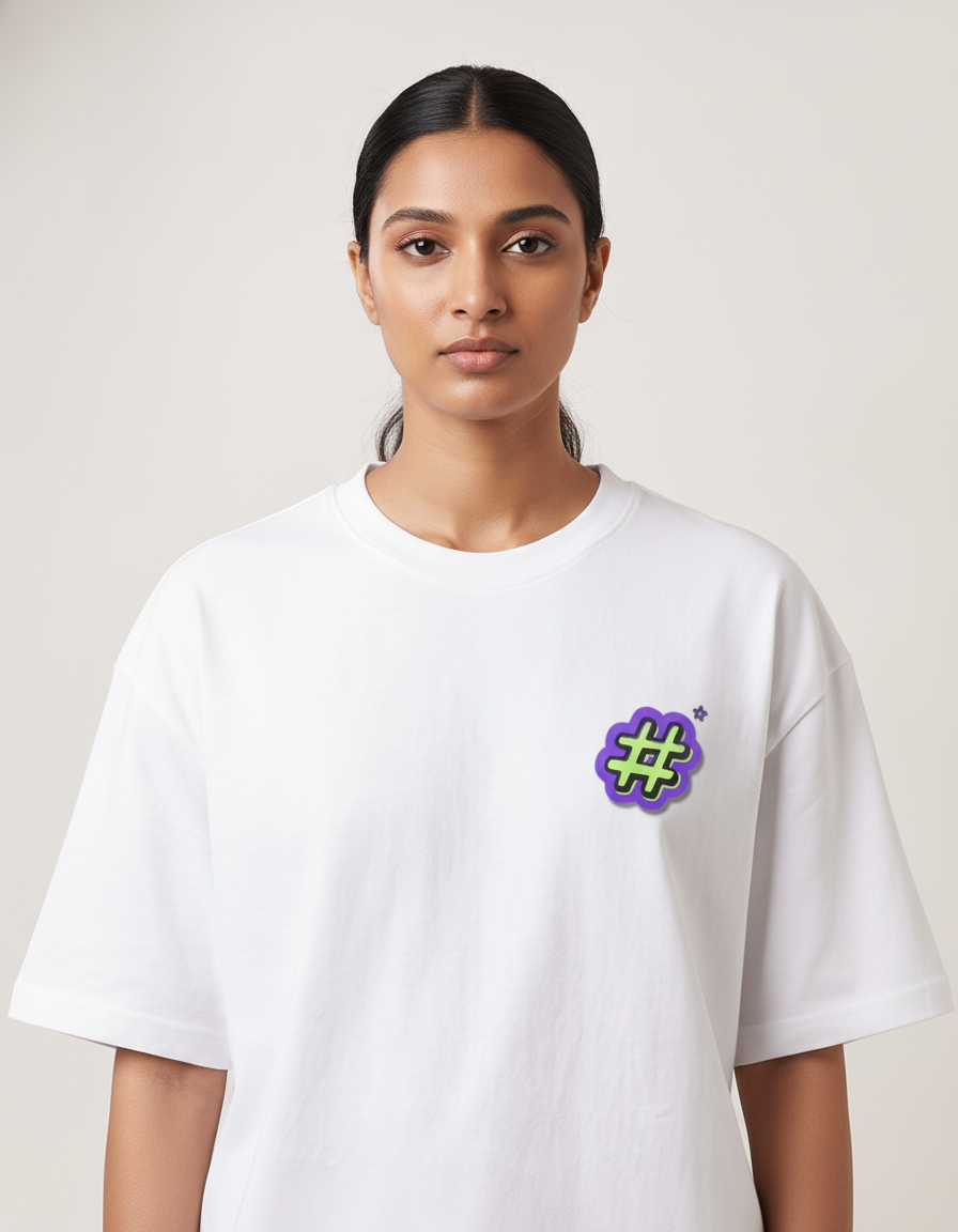 Hash-Tag - White - Chapter26 premium oversized graphic t-shirt, worn by a female model
