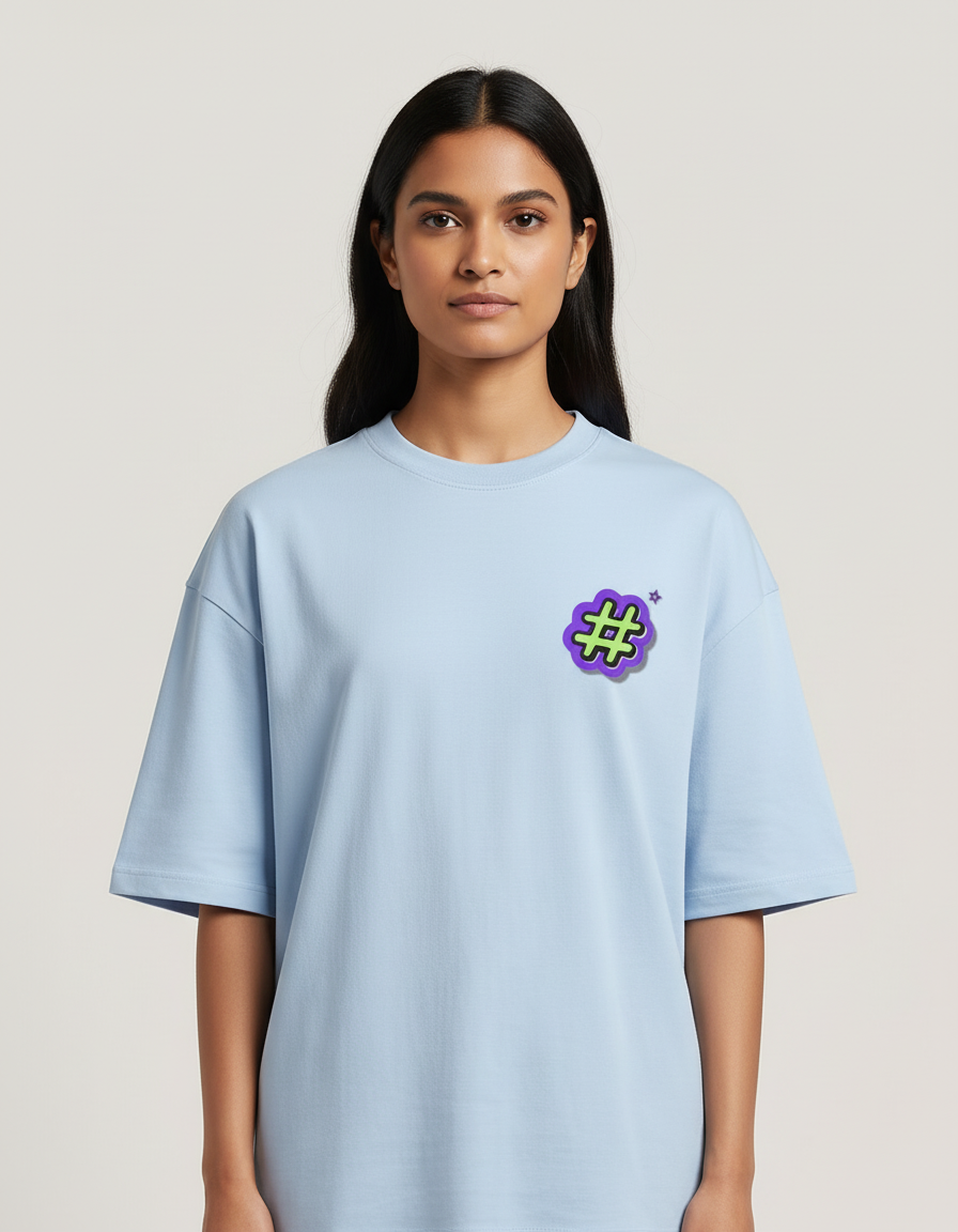 Hash-Tag - Baby Blue - Chapter26 premium oversized graphic t-shirt, worn by a female model