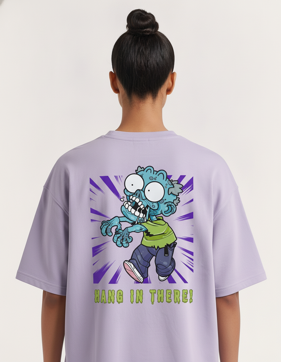 Hang In There - Lavender - Chapter26 premium oversized graphic t-shirt, back print, worn by a female model